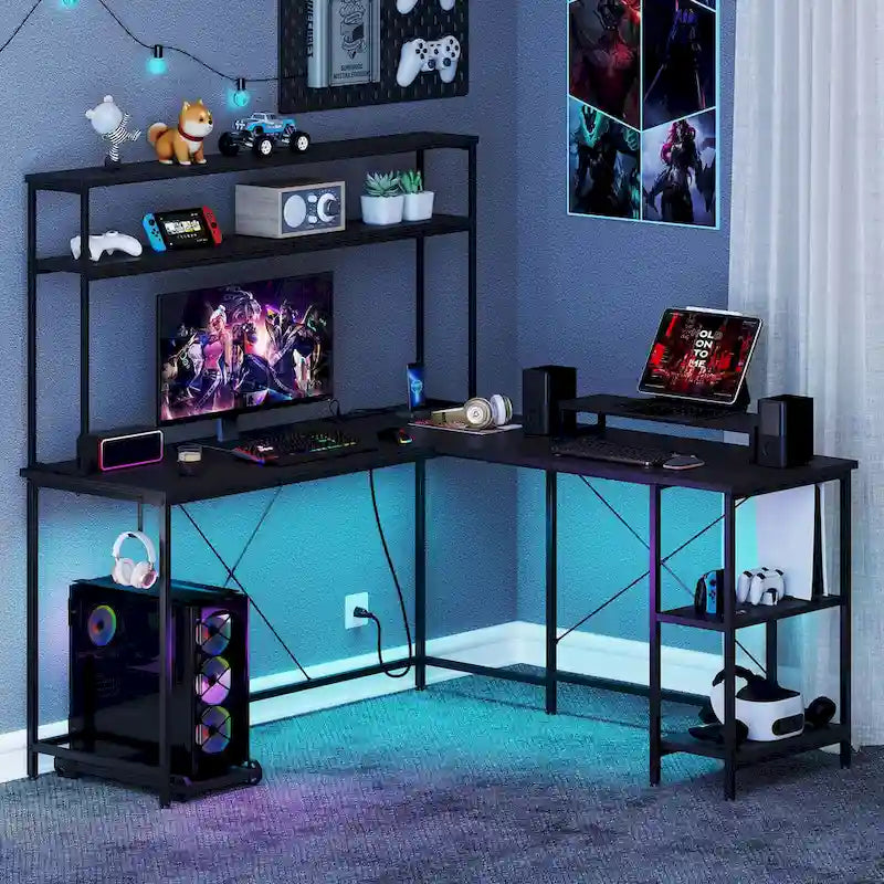 L-Shaped Gaming Desk with LED Strip & Power Outlets Hutch
