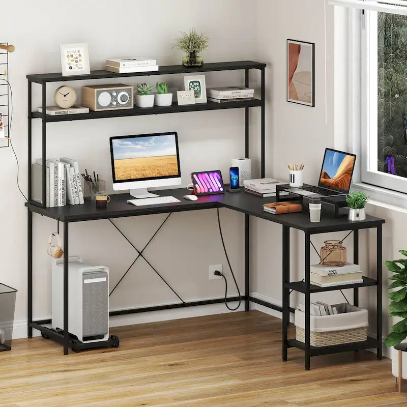 L-Shaped Gaming Desk with LED Strip & Power Outlets Hutch