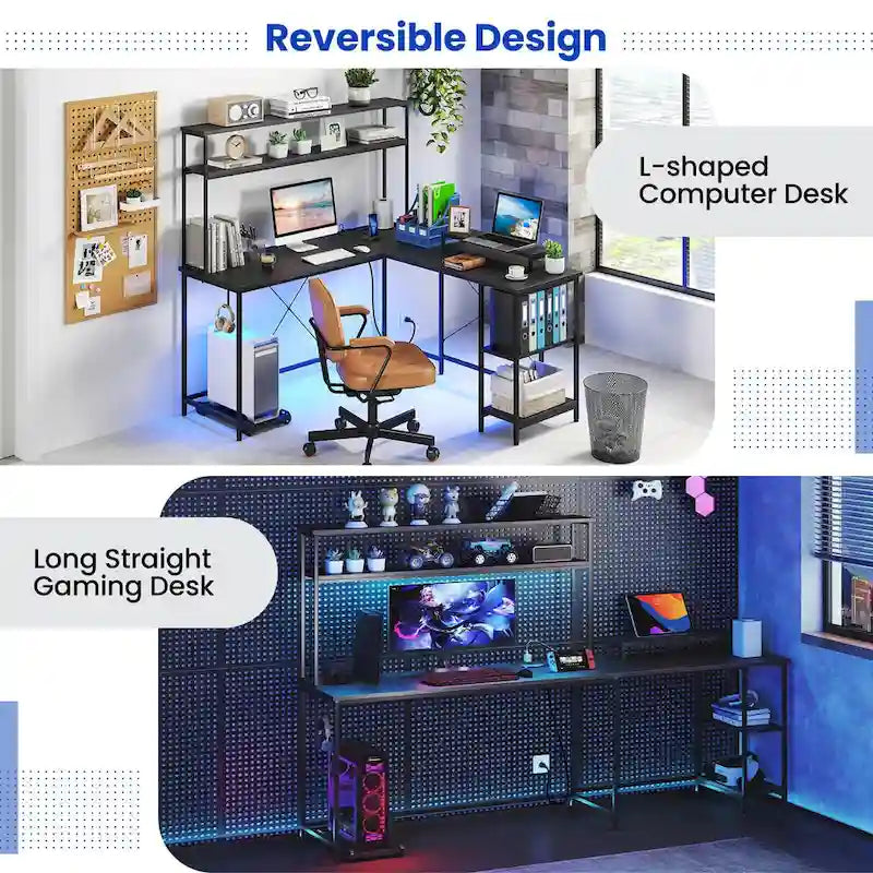 L-Shaped Gaming Desk with LED Strip & Power Outlets Hutch