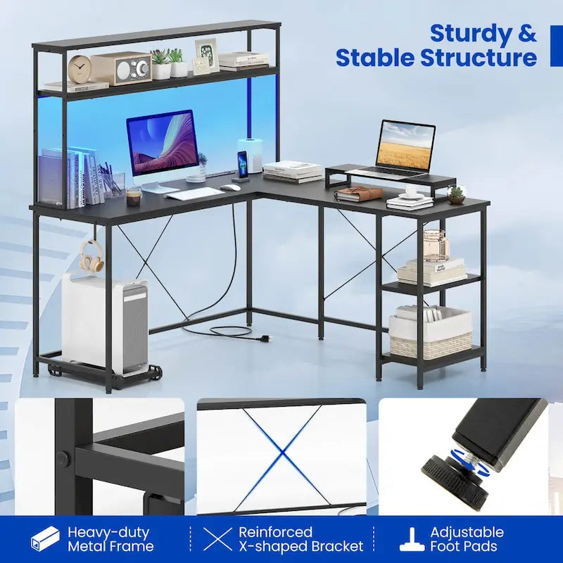 L-Shaped Gaming Desk with LED Strip & Power Outlets Hutch