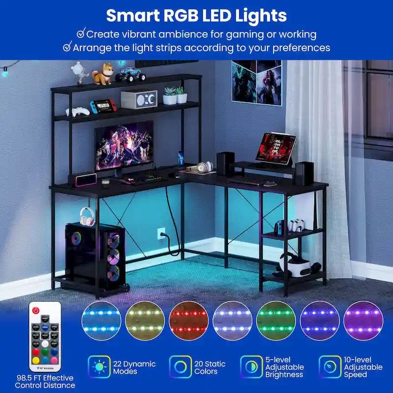 L-Shaped Gaming Desk with LED Strip & Power Outlets Hutch