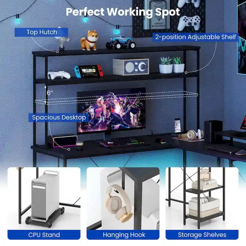 L-Shaped Gaming Desk with LED Strip & Power Outlets Hutch