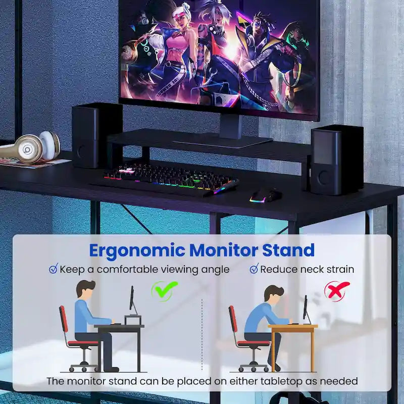 L-Shaped Gaming Desk with LED Strip & Power Outlets Hutch