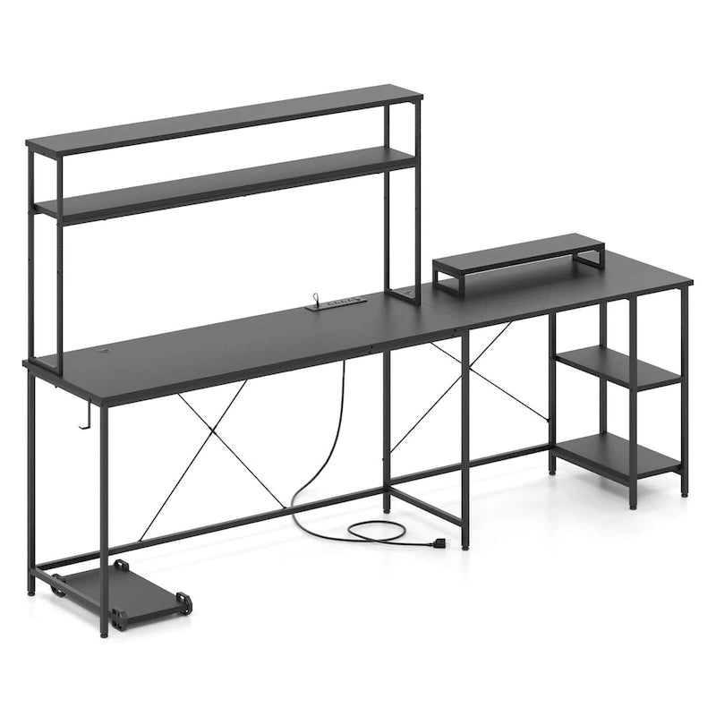 L-Shaped Gaming Desk with LED Strip & Power Outlets Hutch