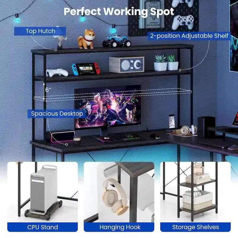 L-Shaped Gaming Desk with LED Strip & Power Outlets Hutch