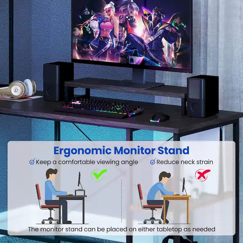 L-Shaped Gaming Desk with LED Strip & Power Outlets Hutch