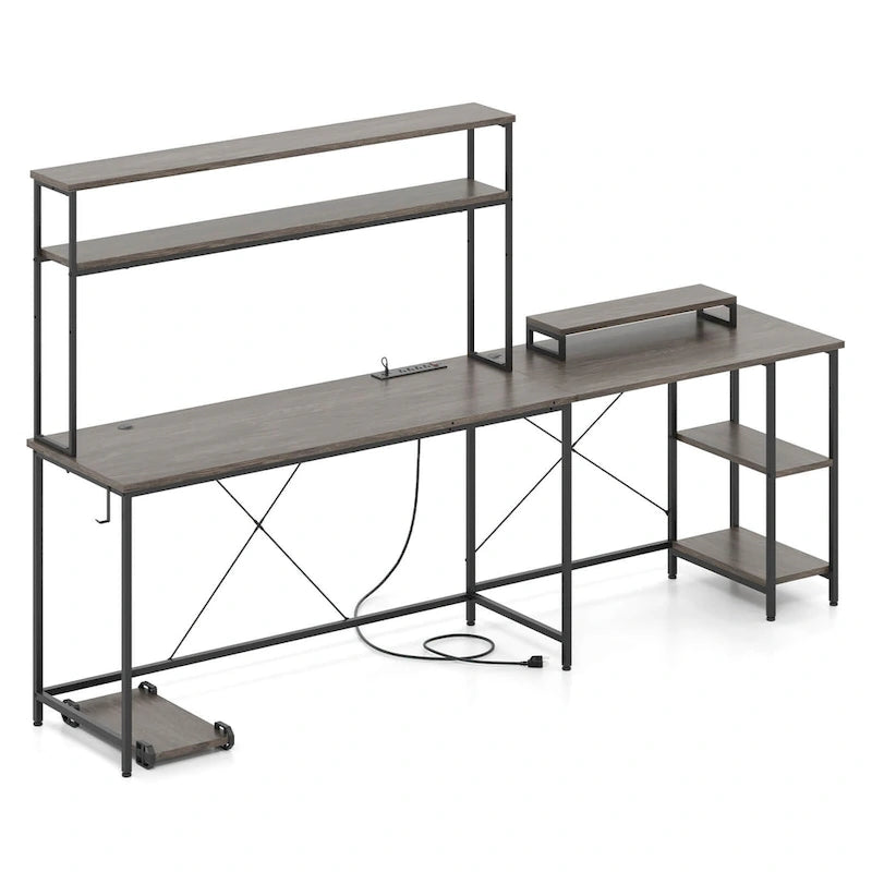 L-Shaped Gaming Desk with LED Strip & Power Outlets Hutch