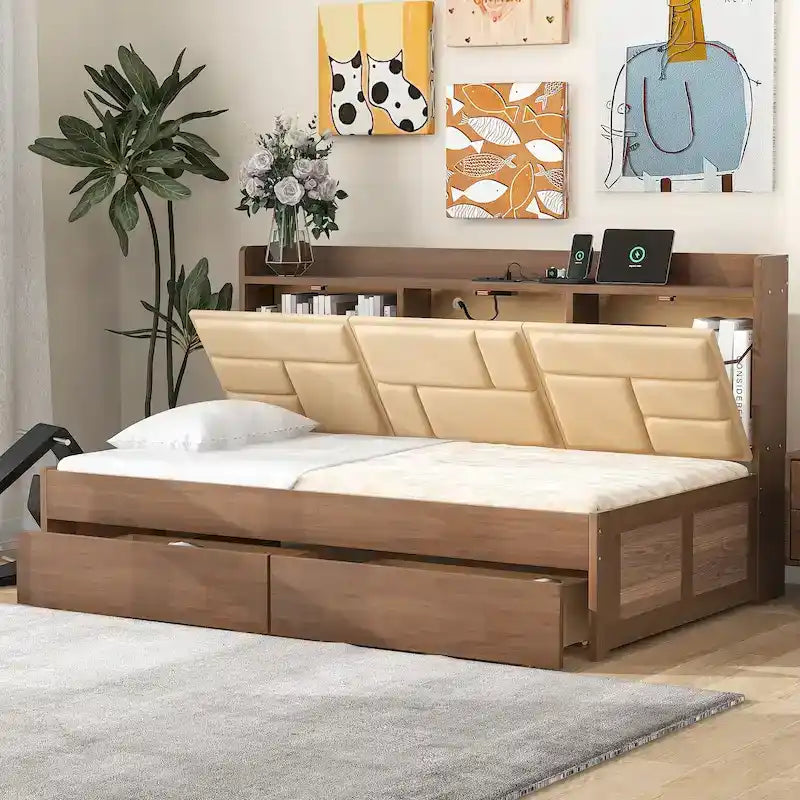 Twin Size Daybed with Upholstered Headboard, USB Ports & 2 Drawers