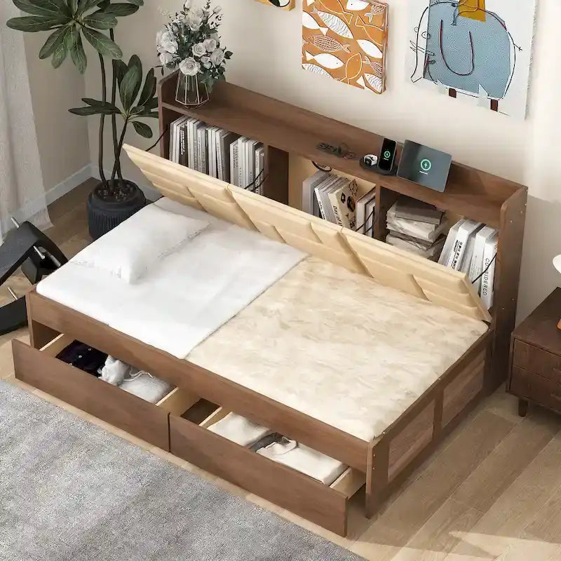 Twin Size Daybed with Upholstered Headboard, USB Ports & 2 Drawers