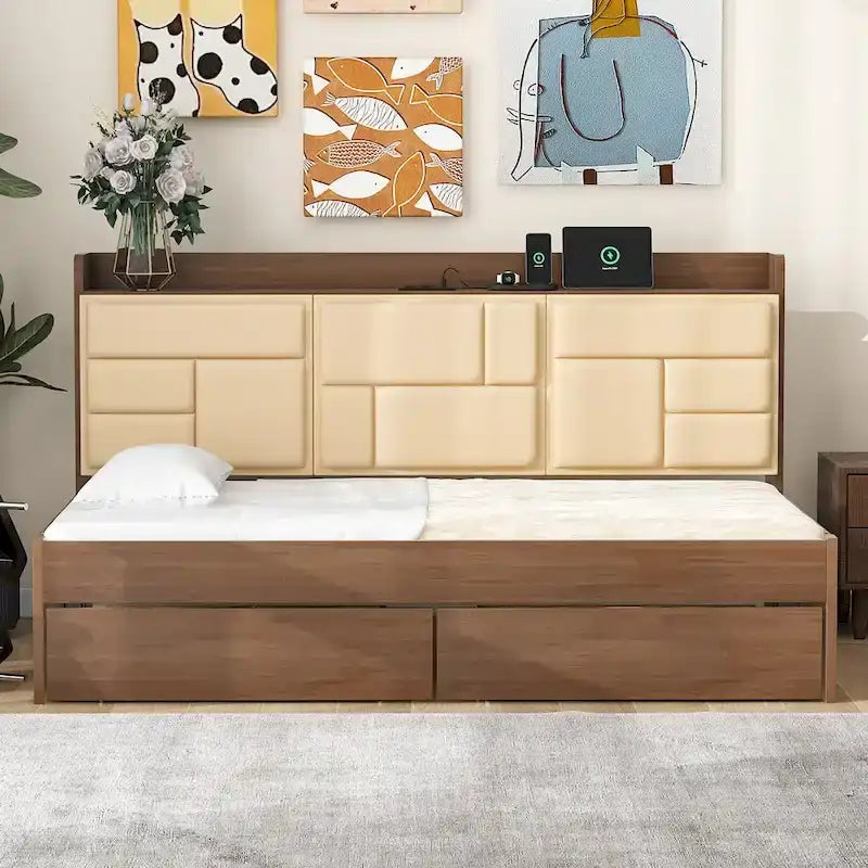 Twin Size Daybed with Upholstered Headboard, USB Ports & 2 Drawers