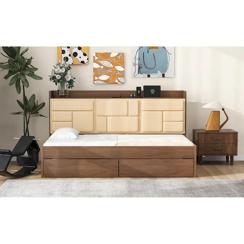Twin Size Daybed with Upholstered Headboard, USB Ports & 2 Drawers