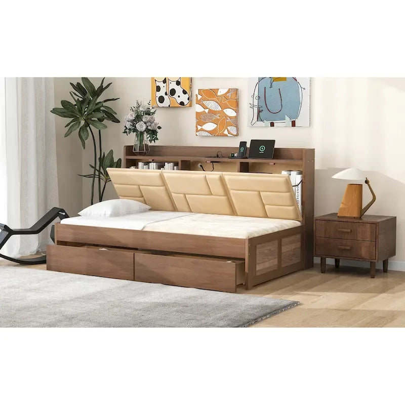 Twin Size Daybed with Upholstered Headboard, USB Ports & 2 Drawers