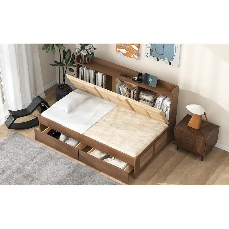 Twin Size Daybed with Upholstered Headboard, USB Ports & 2 Drawers