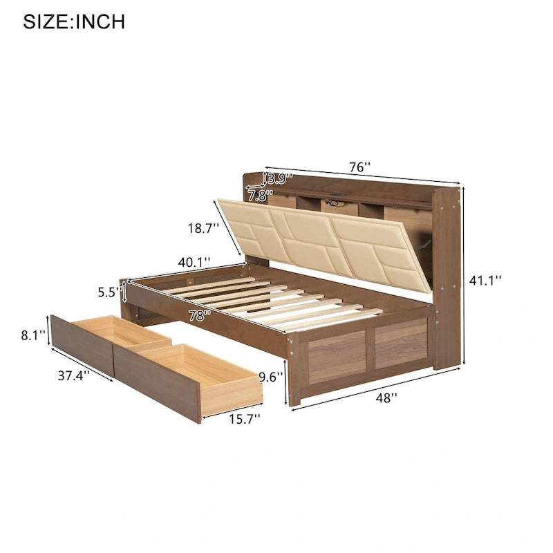 Twin Size Daybed with Upholstered Headboard, USB Ports & 2 Drawers
