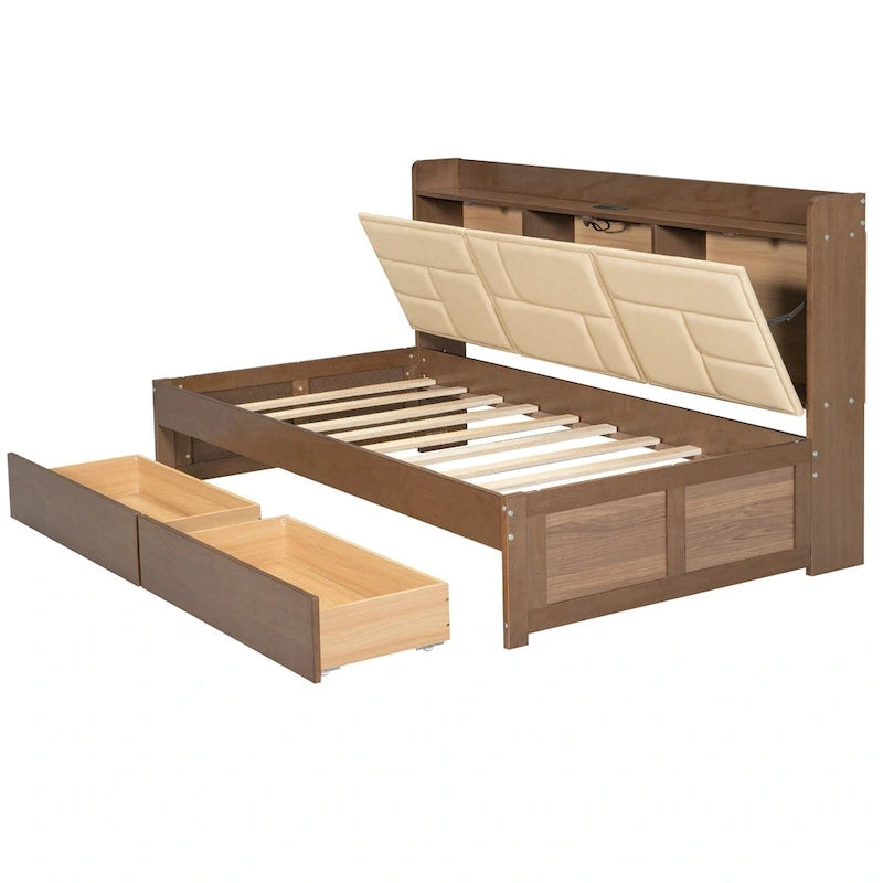 Twin Size Daybed with Upholstered Headboard, USB Ports & 2 Drawers