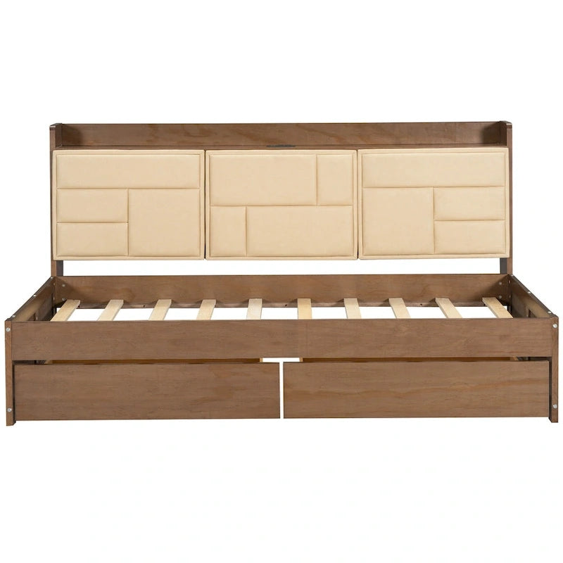 Twin Size Daybed with Upholstered Headboard, USB Ports & 2 Drawers