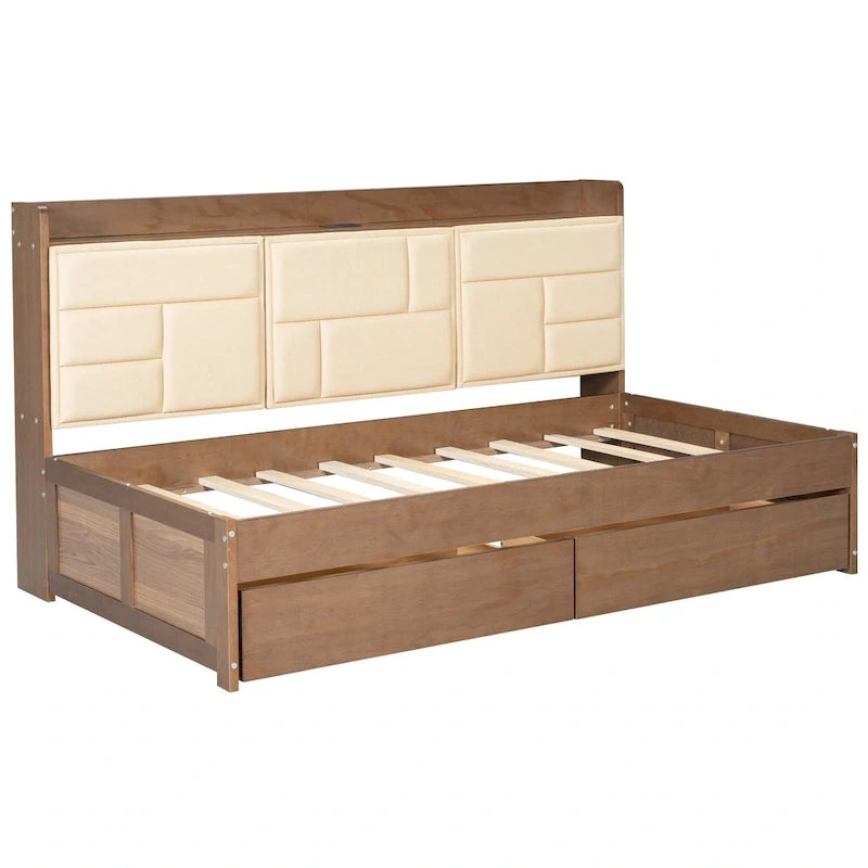Twin Size Daybed with Upholstered Headboard, USB Ports & 2 Drawers