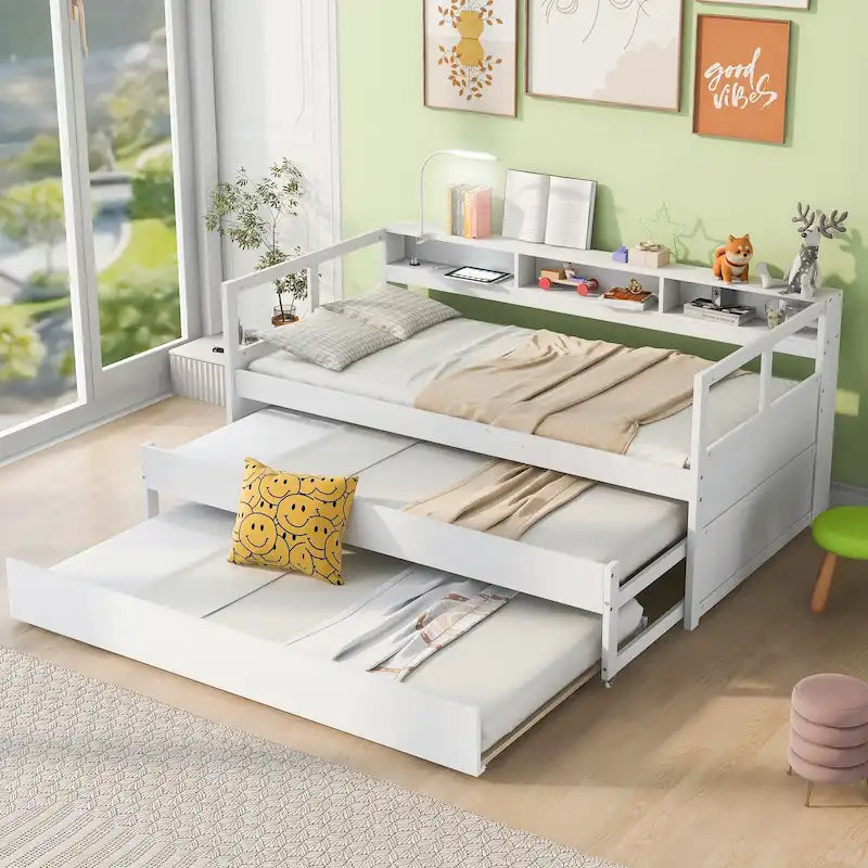 Twin XL Wood Daybed with 2 Trundles and USB Charging