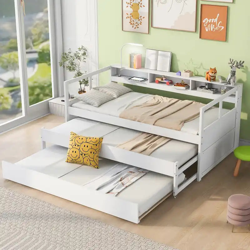 Twin XL Wood Daybed with 2 Trundles and USB Charging