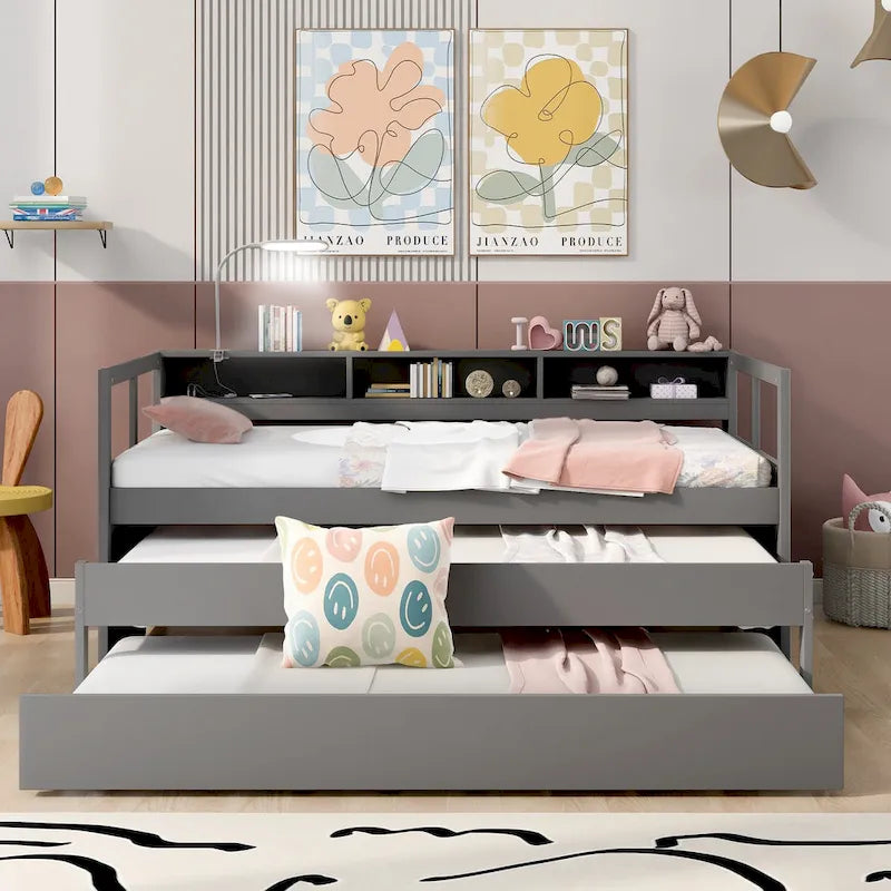 Twin XL Wood Daybed with 2 Trundles and USB Charging