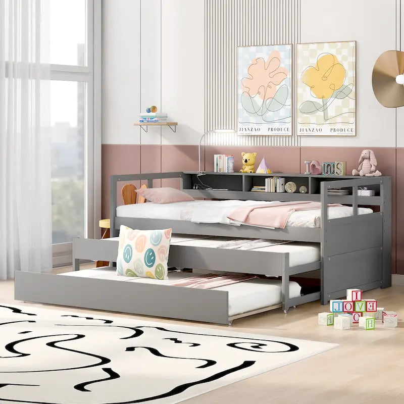 Twin XL Wood Daybed with 2 Trundles and USB Charging