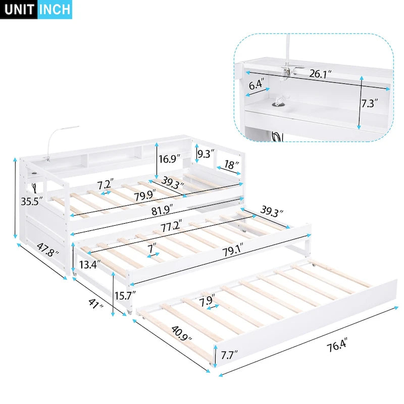 Twin XL Wood Daybed with 2 Trundles and USB Charging
