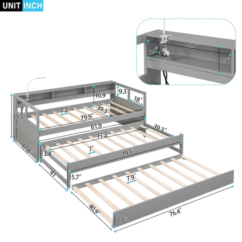 Twin XL Wood Daybed with 2 Trundles and USB Charging