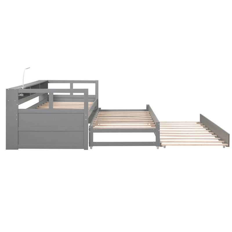 Twin XL Wood Daybed with 2 Trundles and USB Charging
