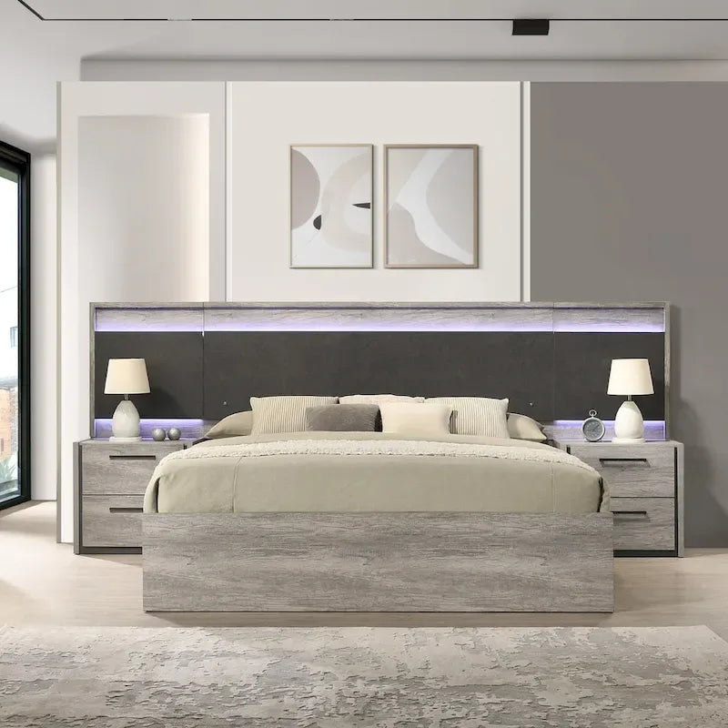 LED Wallbed with Nightstands - Weathered Gray