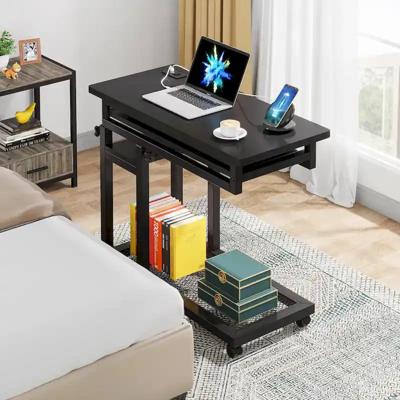Bureau portable réglable en hauteur, table d'appoint en C avec prise et ports USB