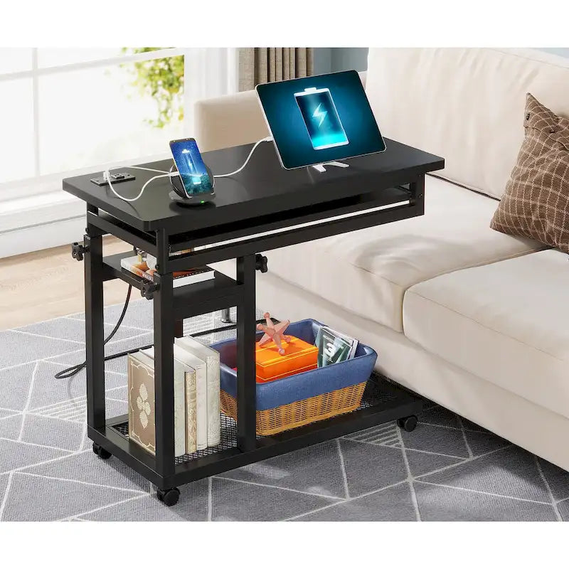 Height Adjustable Portable Desk, C Side Table with Outlet and USB Ports