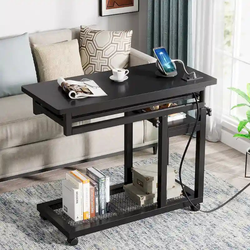 Height Adjustable Portable Desk, C Side Table with Outlet and USB Ports