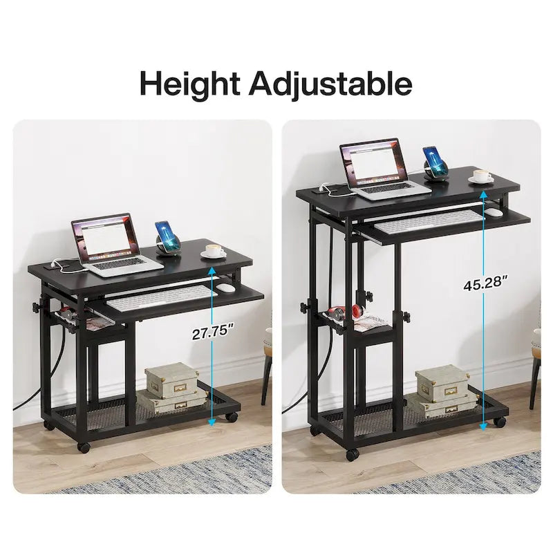Height Adjustable Portable Desk, C Side Table with Outlet and USB Ports