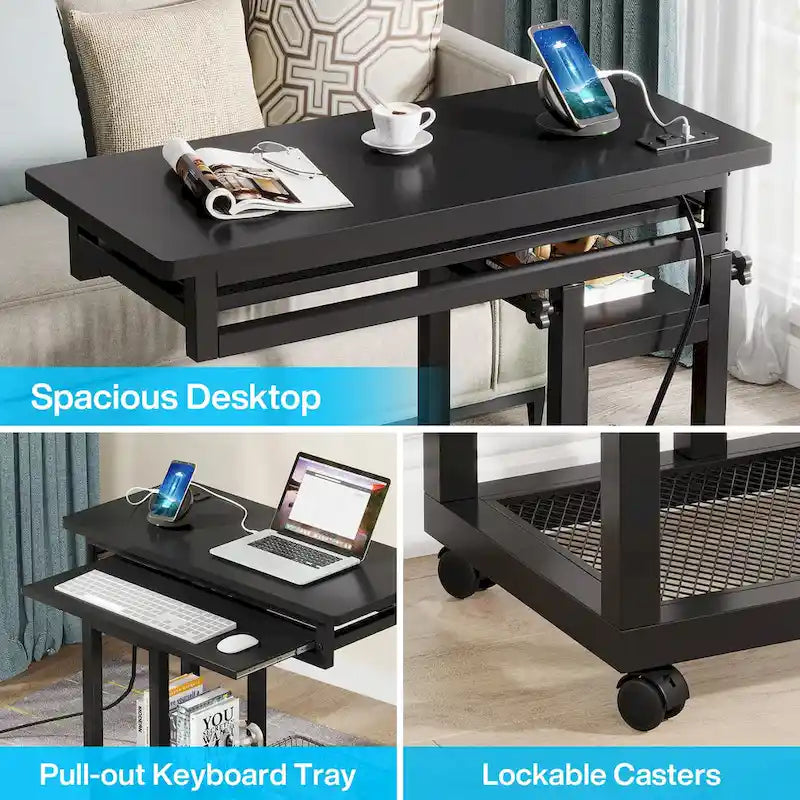 Height Adjustable Portable Desk, C Side Table with Outlet and USB Ports