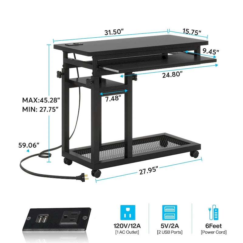 Height Adjustable Portable Desk, C Side Table with Outlet and USB Ports