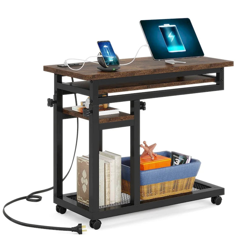 Height Adjustable Portable Desk, C Side Table with Outlet and USB Ports