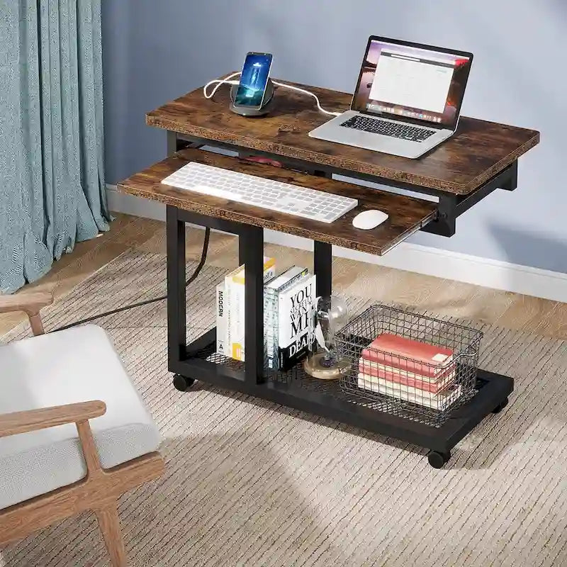 Height Adjustable Portable Desk, C Side Table with Outlet and USB Ports