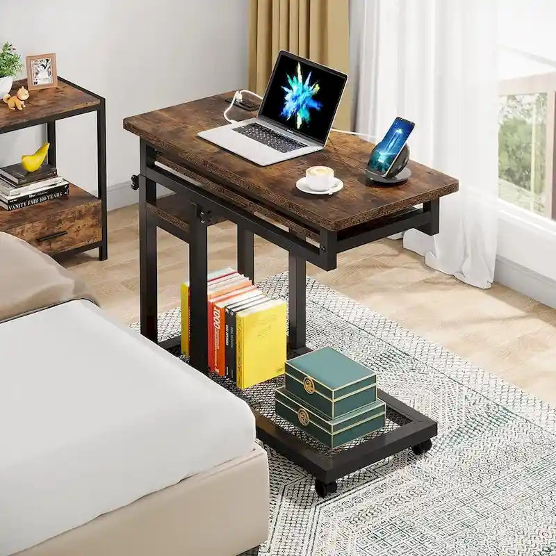 Height Adjustable Portable Desk, C Side Table with Outlet and USB Ports
