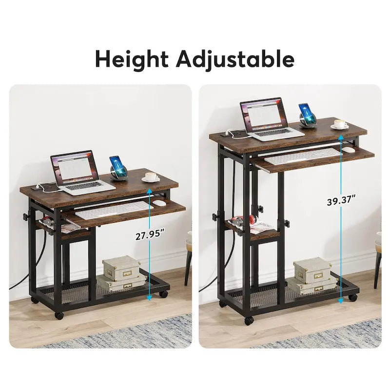 Height Adjustable Portable Desk, C Side Table with Outlet and USB Ports