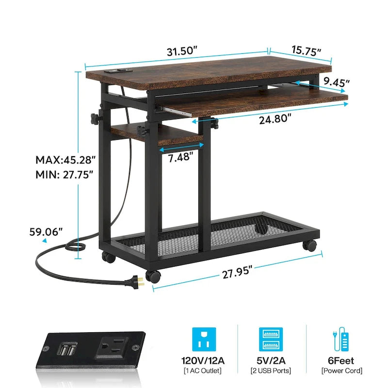 Height Adjustable Portable Desk, C Side Table with Outlet and USB Ports