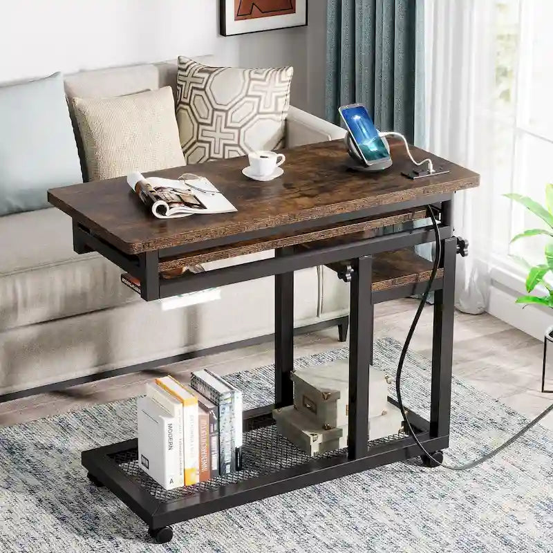 Height Adjustable Portable Desk, C Side Table with Outlet and USB Ports