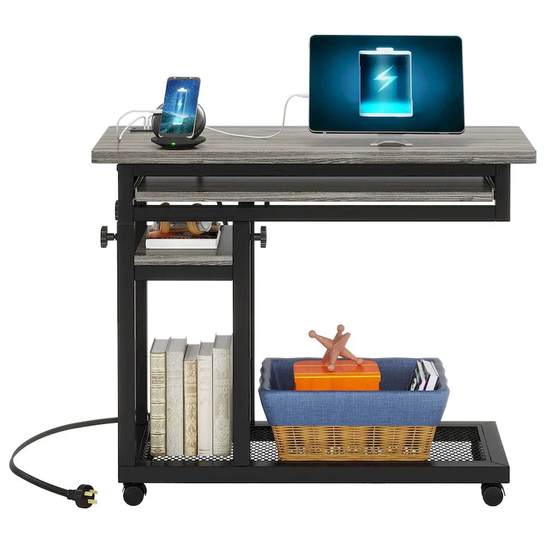 Height Adjustable Portable Desk, C Side Table with Outlet and USB Ports