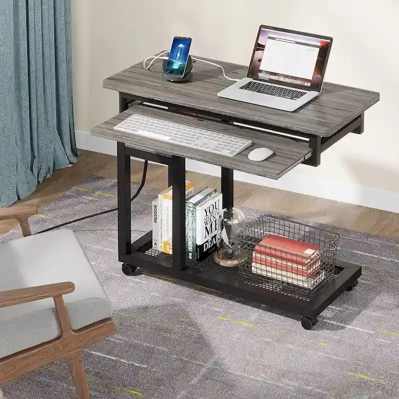 Height Adjustable Portable Desk, C Side Table with Outlet and USB Ports
