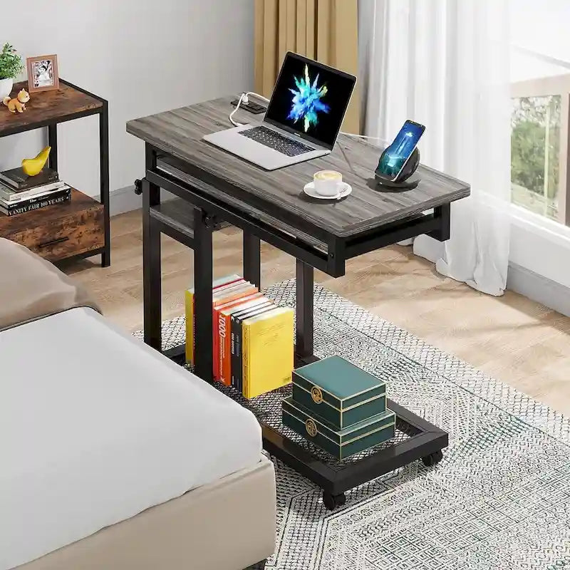 Height Adjustable Portable Desk, C Side Table with Outlet and USB Ports