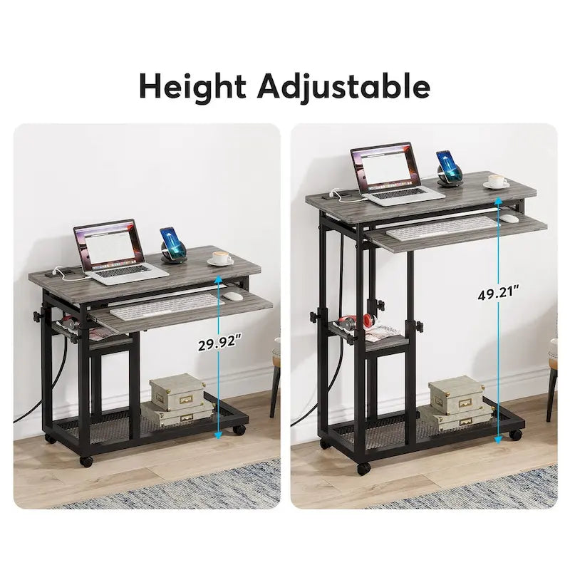 Height Adjustable Portable Desk, C Side Table with Outlet and USB Ports
