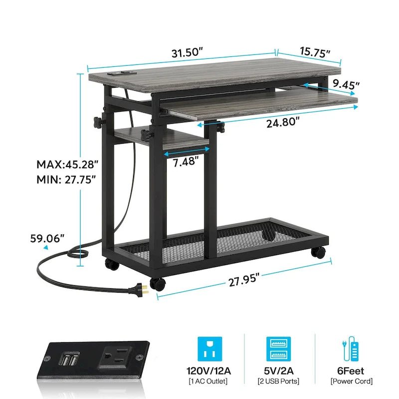 Height Adjustable Portable Desk, C Side Table with Outlet and USB Ports