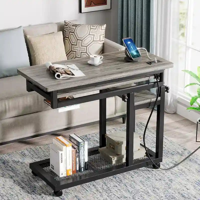 Height Adjustable Portable Desk, C Side Table with Outlet and USB Ports