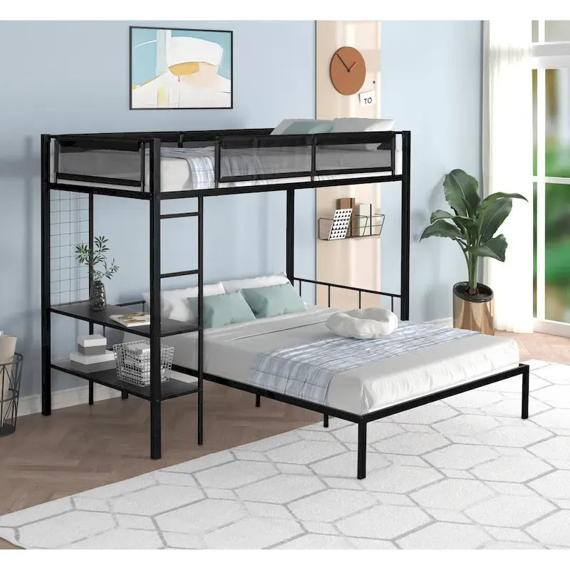 Metal Twin over Full Bunk Bed with Shelves & Grid Panel