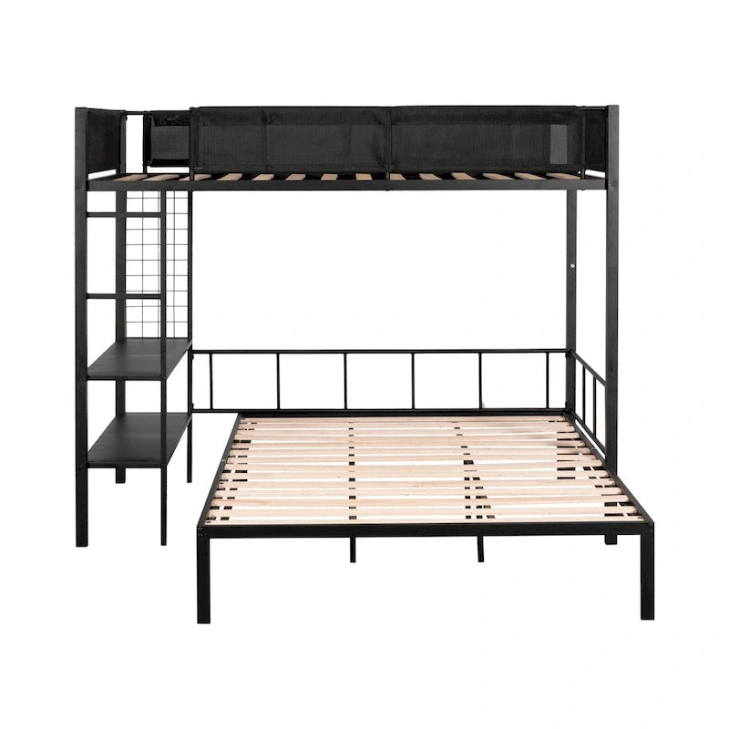 Metal Twin over Full Bunk Bed with Shelves & Grid Panel
