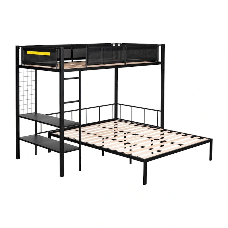 Metal Twin over Full Bunk Bed with Shelves & Grid Panel
